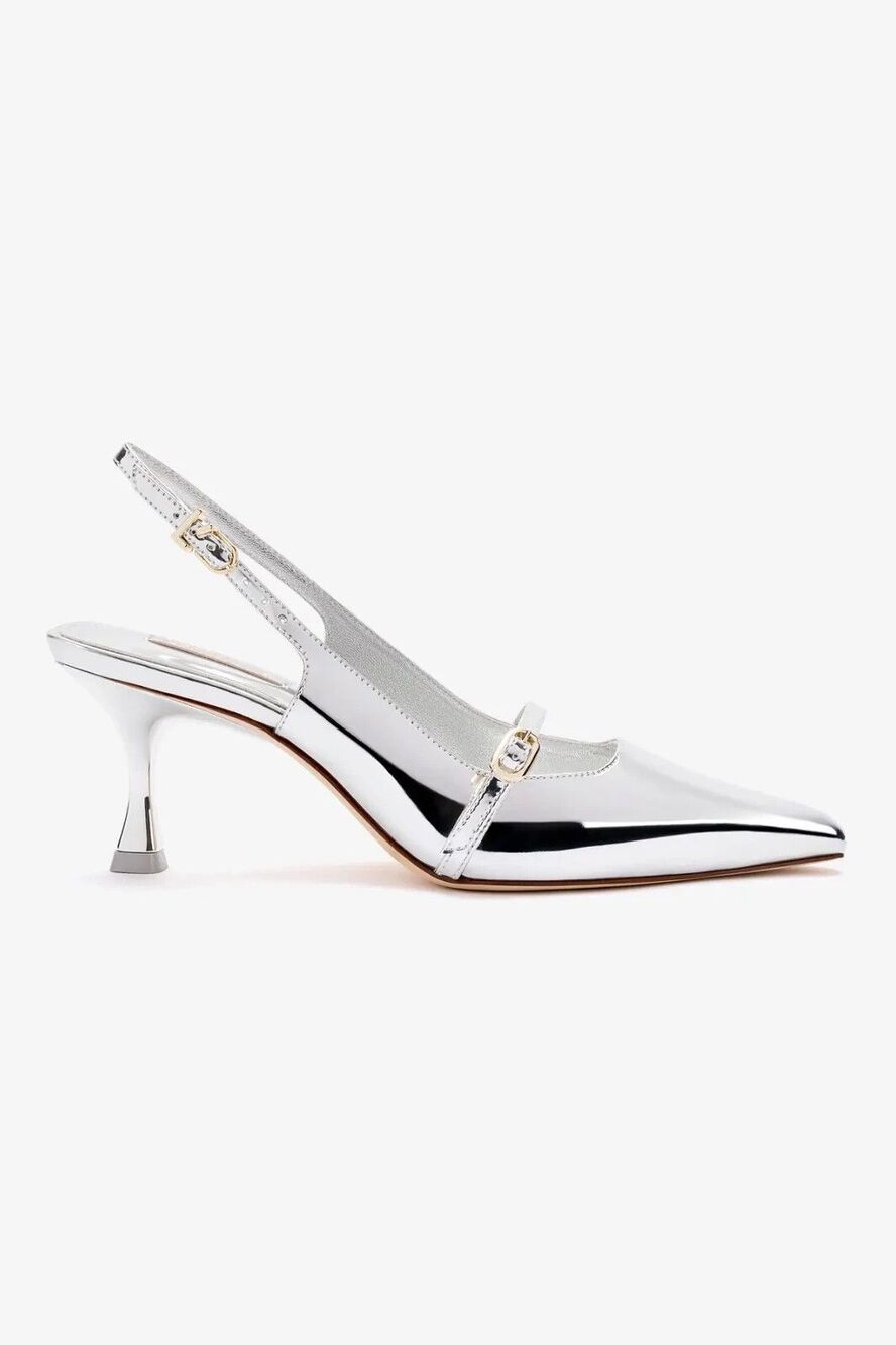 Larroude Ines Metallic Silver Mary Jane Pointed Toe Sculptural Kitten Heels Sz 7